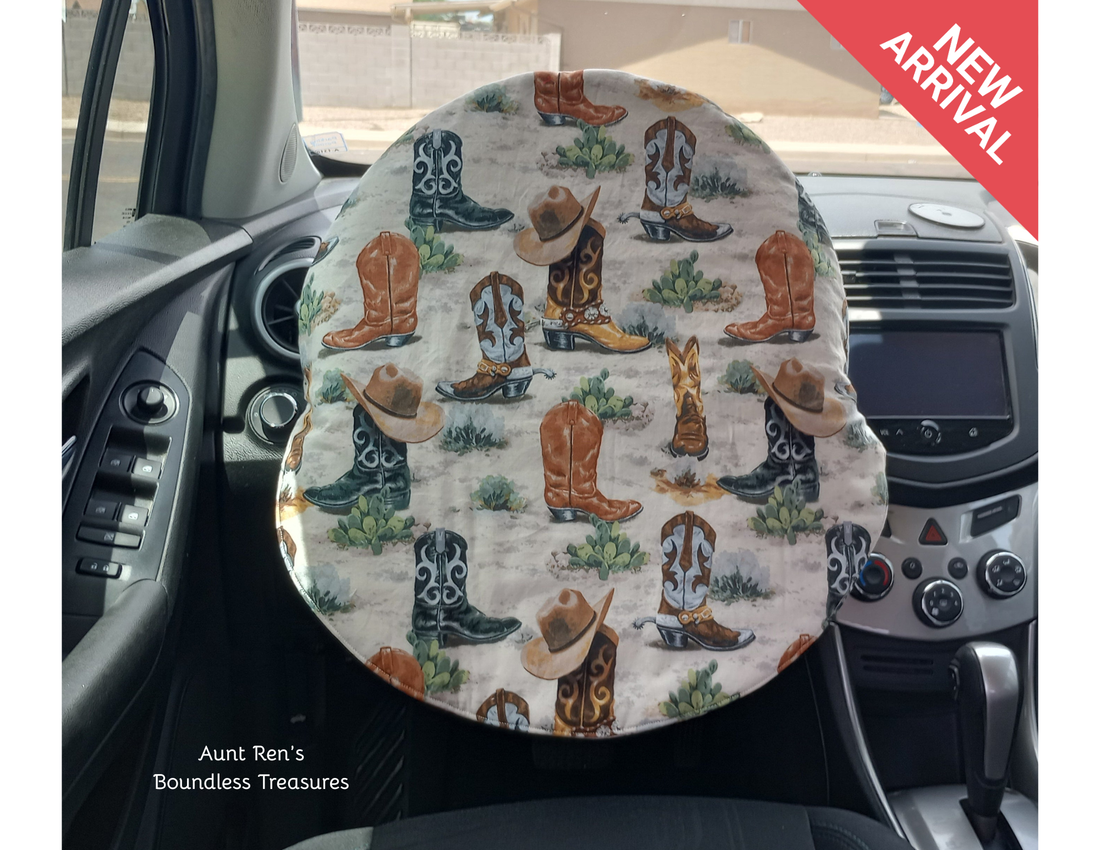 Boots and Hats on cream fabric, slip on cover for steering wheels