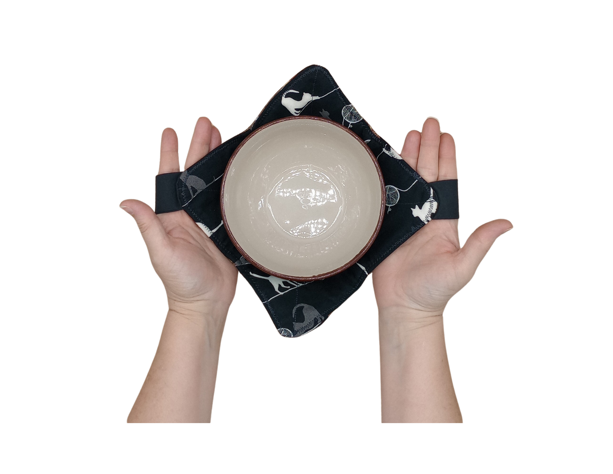 bowl cozies with hand support, shaped to hold soup or pasta bowls while protecting hands from hot or cold foods.