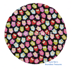 Rounded with owl pattern and text indicating size and brand