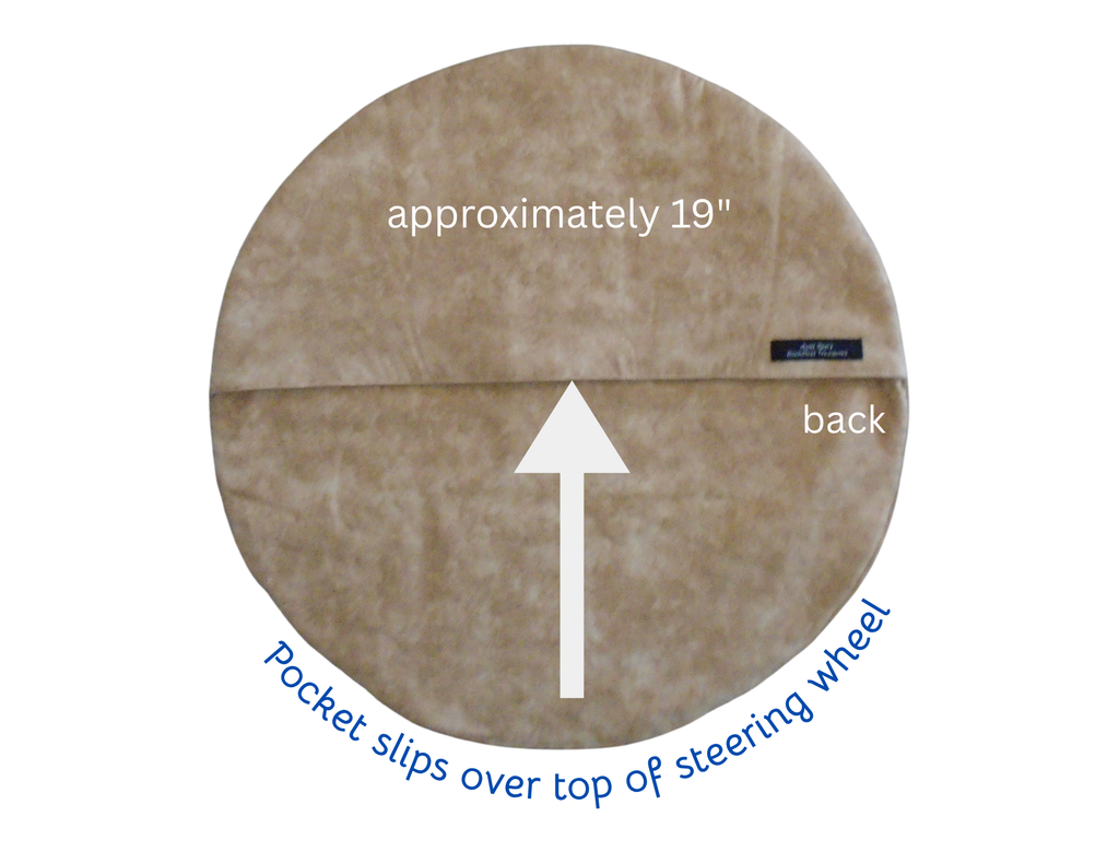 Round beige steering wheel cover with measurements and text on a white background