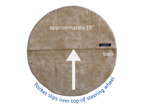 Round beige steering wheel cover with measurements and text on a white background