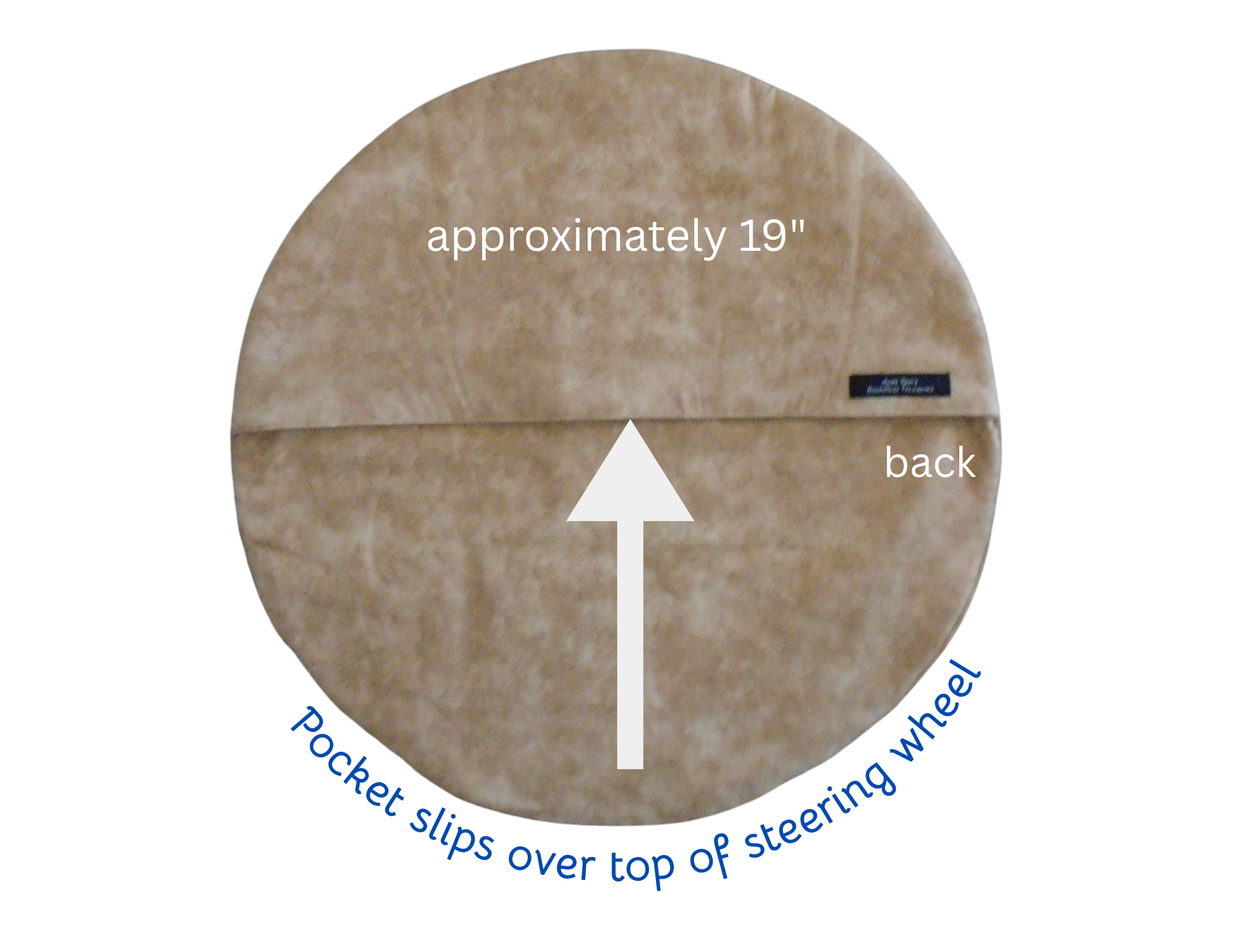 Round beige steering wheel cover with measurements and text on a white background