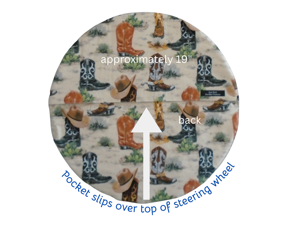  Steering wheel cover with cowboy boot and hat pattern, labeled for size and features.