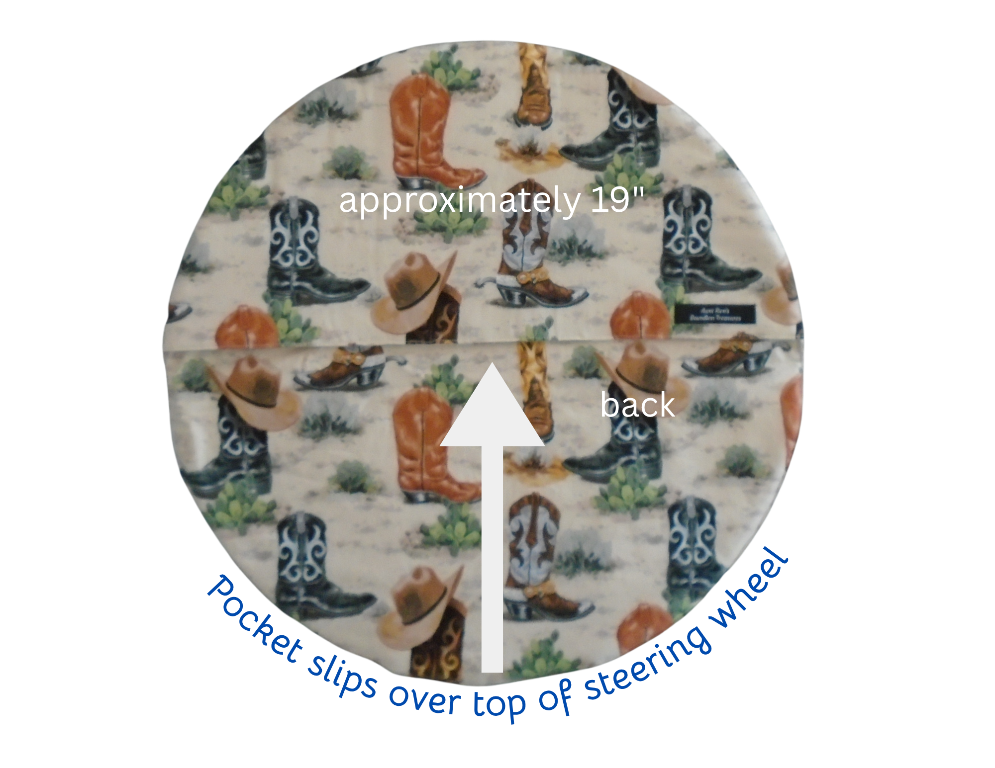  Steering wheel cover with cowboy boot and hat pattern, labeled for size and features.