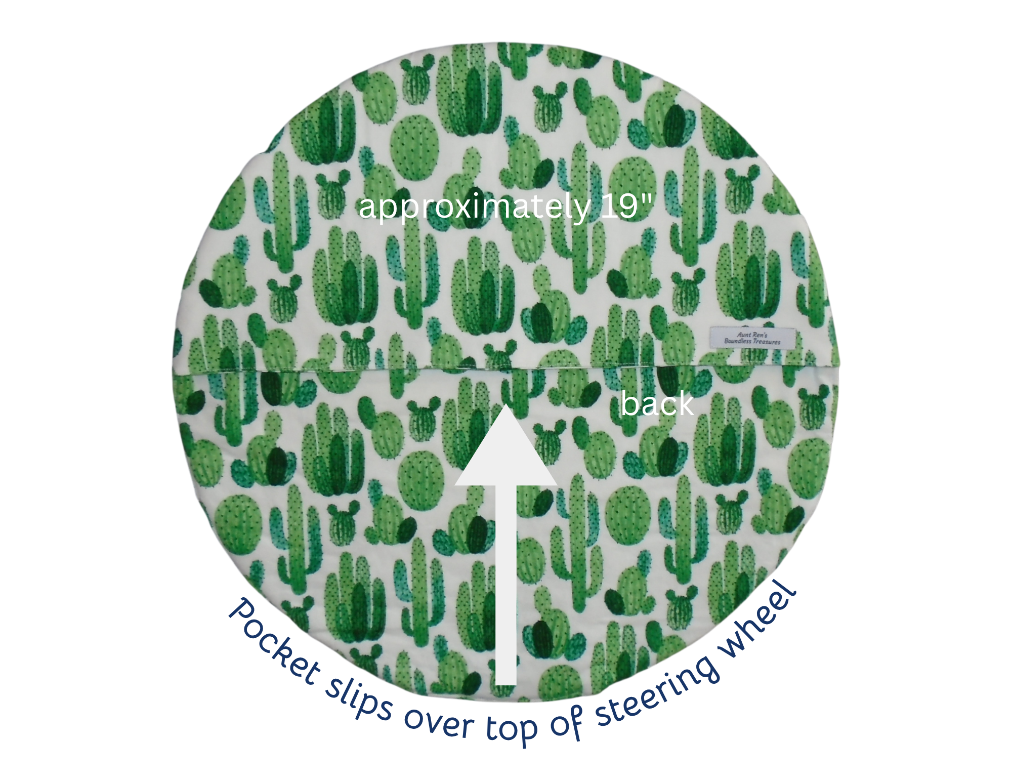back of a steering wheel cover with green cactus print showing size and the pocket