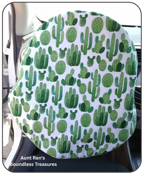 Steering Wheel cover with green cactus pattern on white fabric