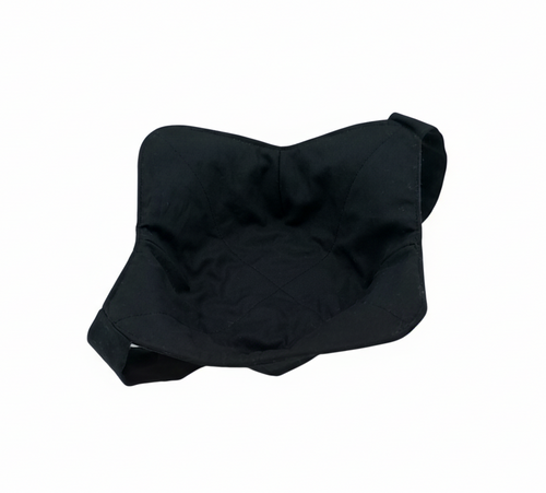 Black cotton fabric hot pad for bowls featuring a strap for hand support