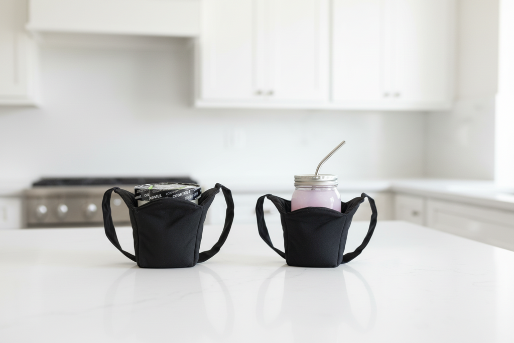 Two black insulated fabric holders, with ice cream container in one and a mason jar in the other sitting on a counter top in a kitchen