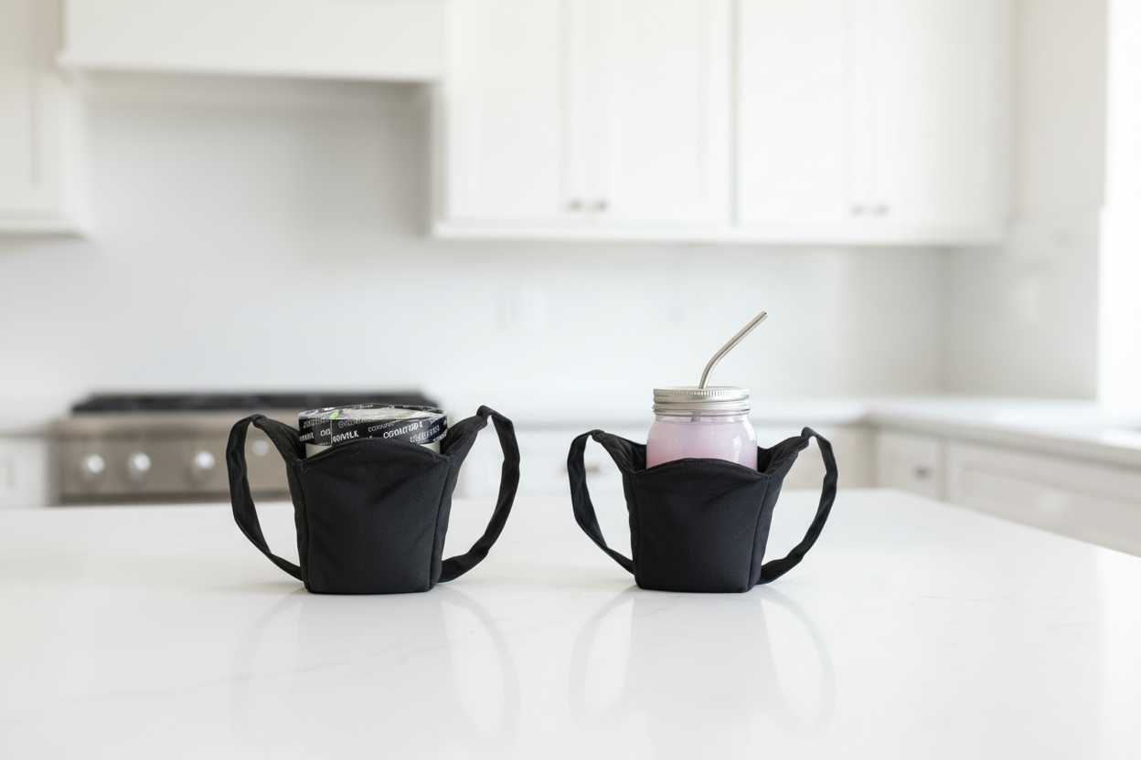Two black insulated fabric holders, with ice cream container in one and a mason jar in the other sitting on a counter top in a kitchen