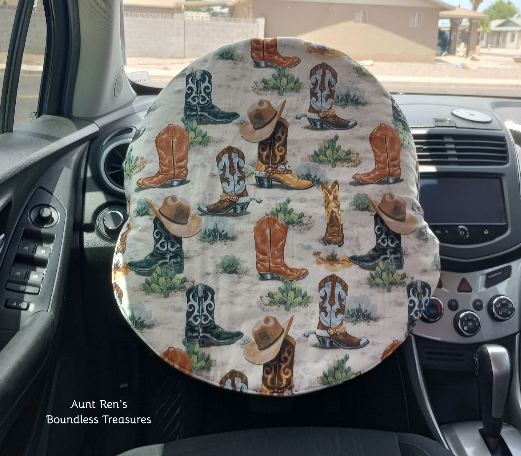 Western Themed Slip on Steering Wheel Cover featuring cowboy boots, hats and cactus