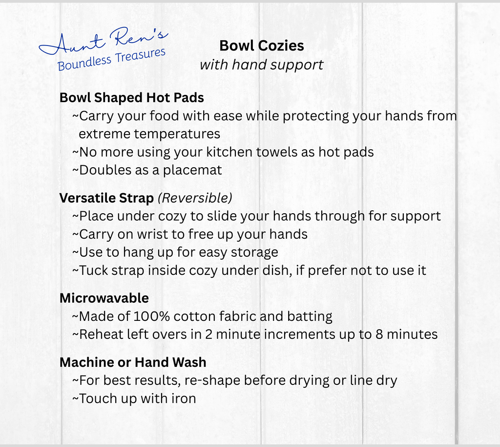 Product description card for Bowl Cozies with a reversible strap on a white background.