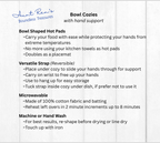 Product description card for Bowl Cozies with a reversible strap on a white background.