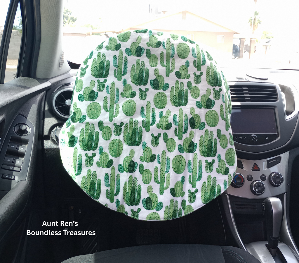 Steering Wheel Cover with green cacti on white fabric