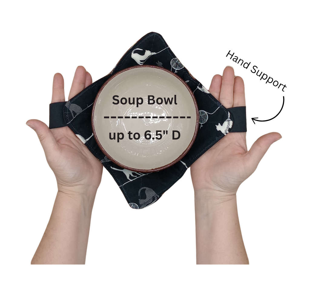 Black Fabric with grey and white cats bowl cozy with hand support and measurement details