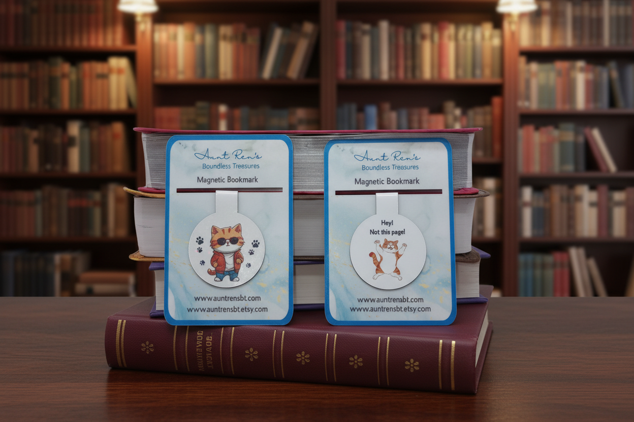 Cat Magnetic Bookmarks resting on a stack of books.