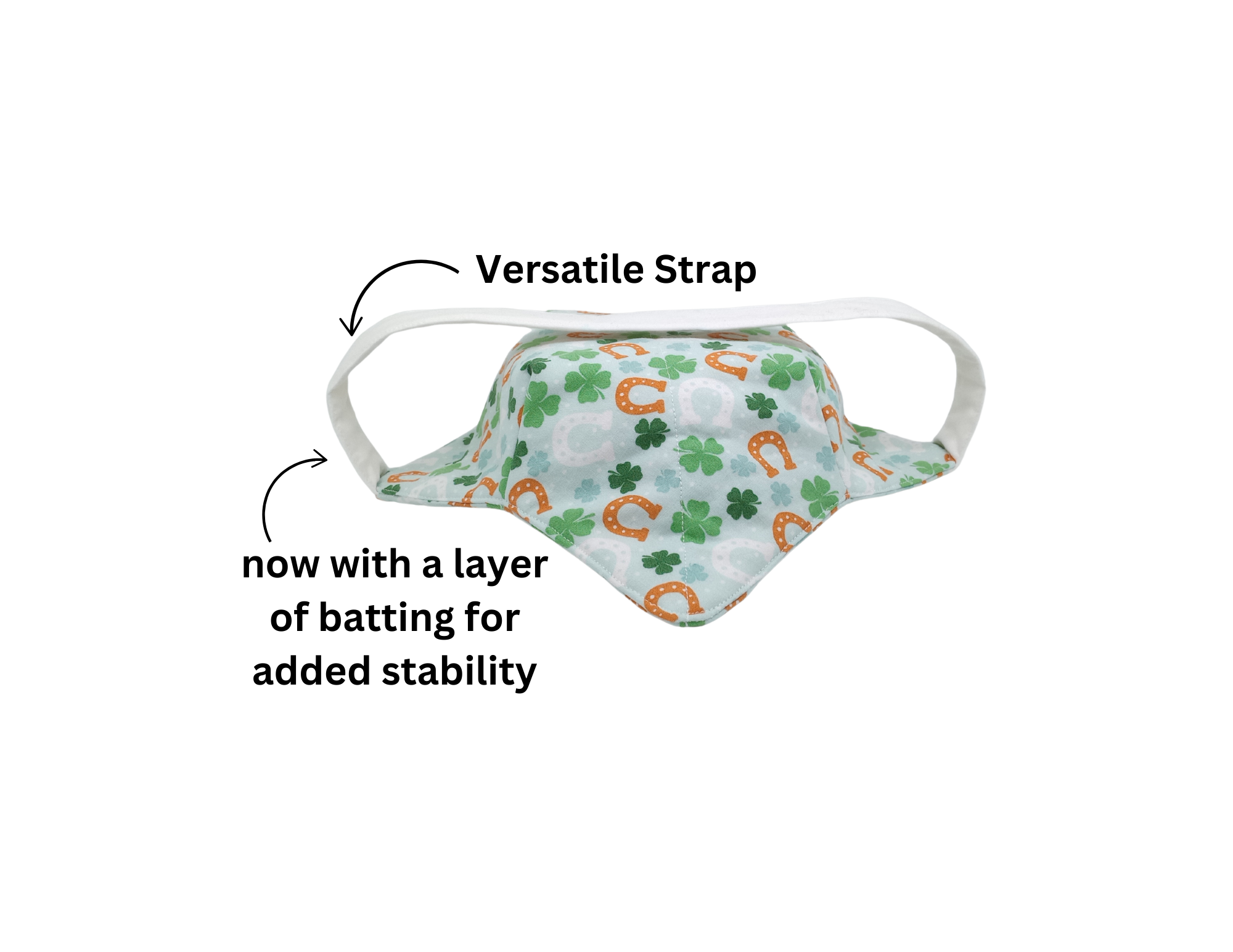 green clovers and horseshoes bowl cozy showing a white versatile strap