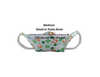 Fabric bowl cozy with shamrocks and horse shoes on white fabric with a white strap holding a white bowl with measurements.