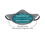 Gray fabric hot pad with a turquoise plate labeled 'Standard Size Plate' and text about a versatile strap for hand support on a white background.