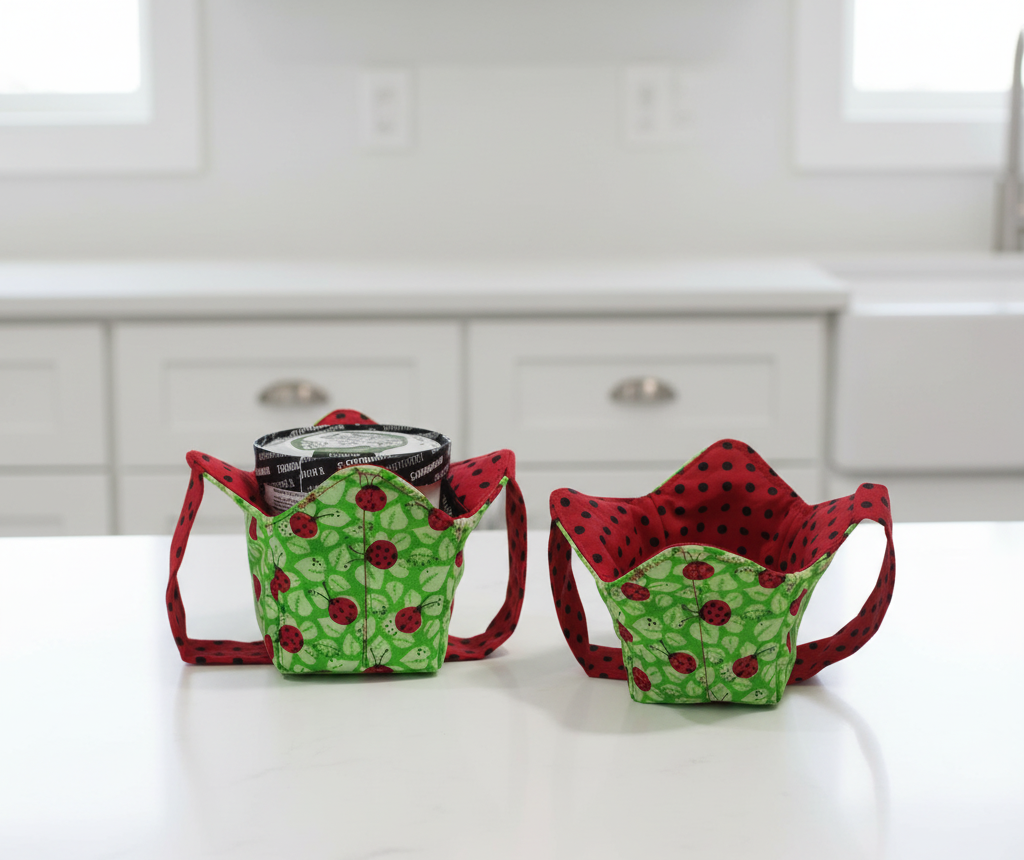 Pint size cozies with lady bugs and polka dots in a kitchen