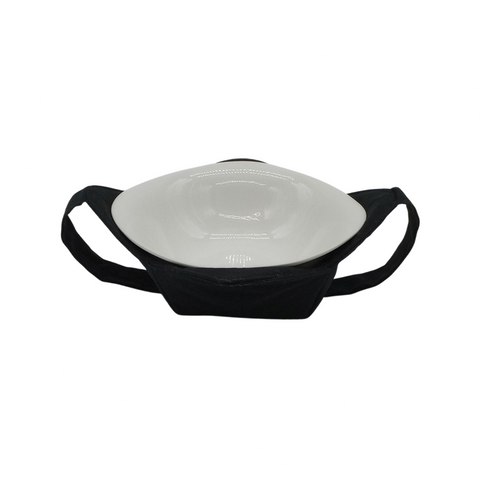 White Bowl inside a black cozy with a black strap for hand support