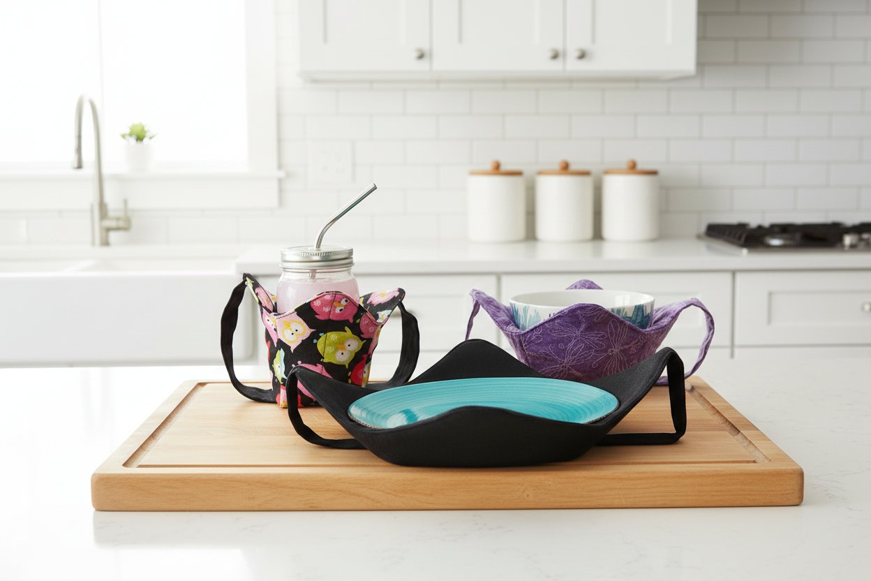 Owl cozy holding a mason jar, black plate cozy holding a turquoise plate and purple dragon fly cozy holding a white and blue bowl in a kitchen setting.
