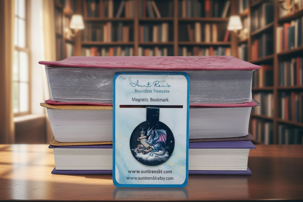 Stack of books with a magnetic bookmark in a library setting.
