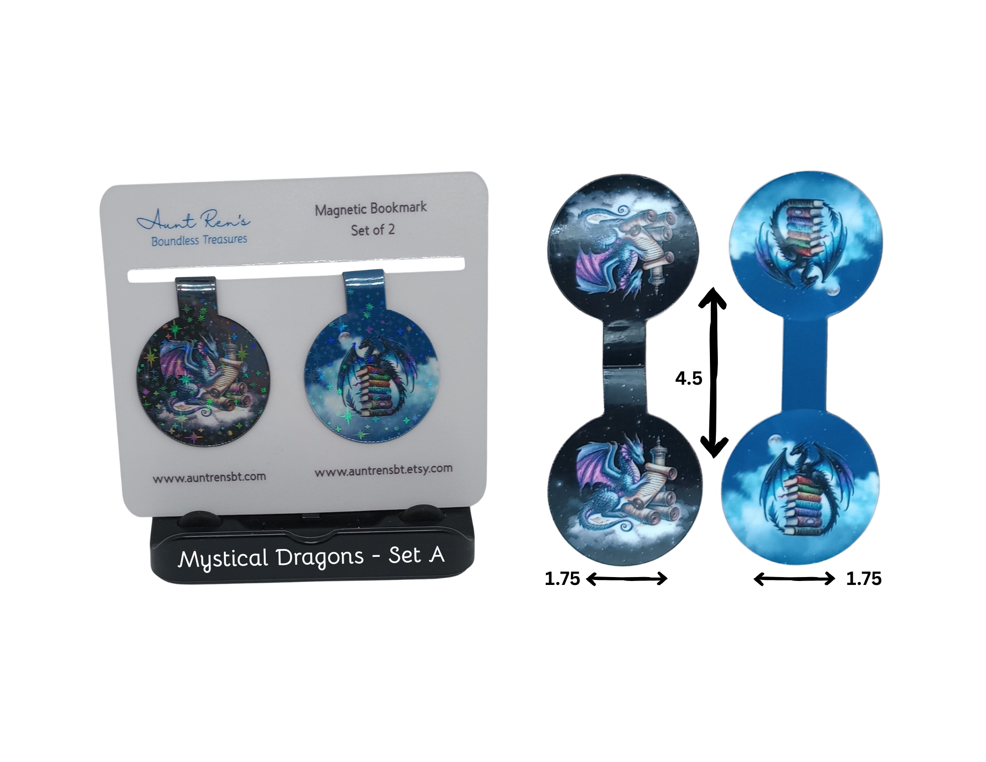 Mystical Dragons magnetic bookmarks set on a display card with measurements.