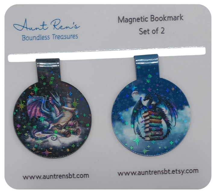 two  magnetic bookmarks with different dragon designs on them