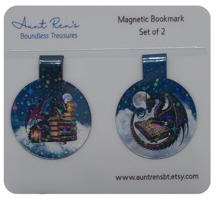 Set of two magnetic bookmarks with space-themed designs on their packaging.