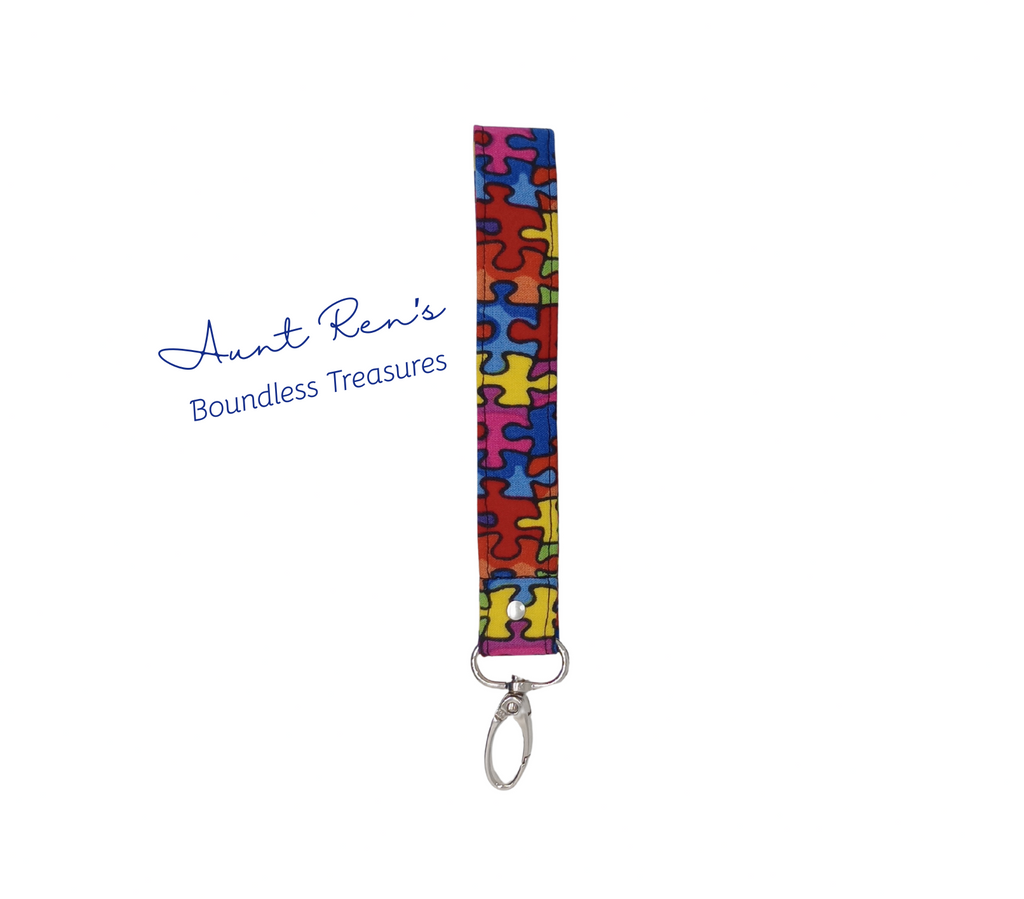 fabric wristlet keychain with colorful puzzle pieces by Aunt Ren's Boundless Treasures