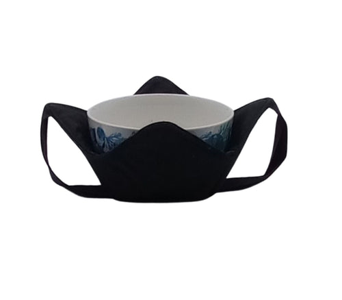 White and Blue Bowl inside a black cozy with a black strap for hand support