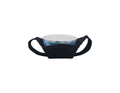 Black microwavable cozy with a blue and white bowl sitting inside it and black straps on the outside