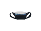 Black microwavable cozy with a blue and white bowl sitting inside it and black straps on the outside