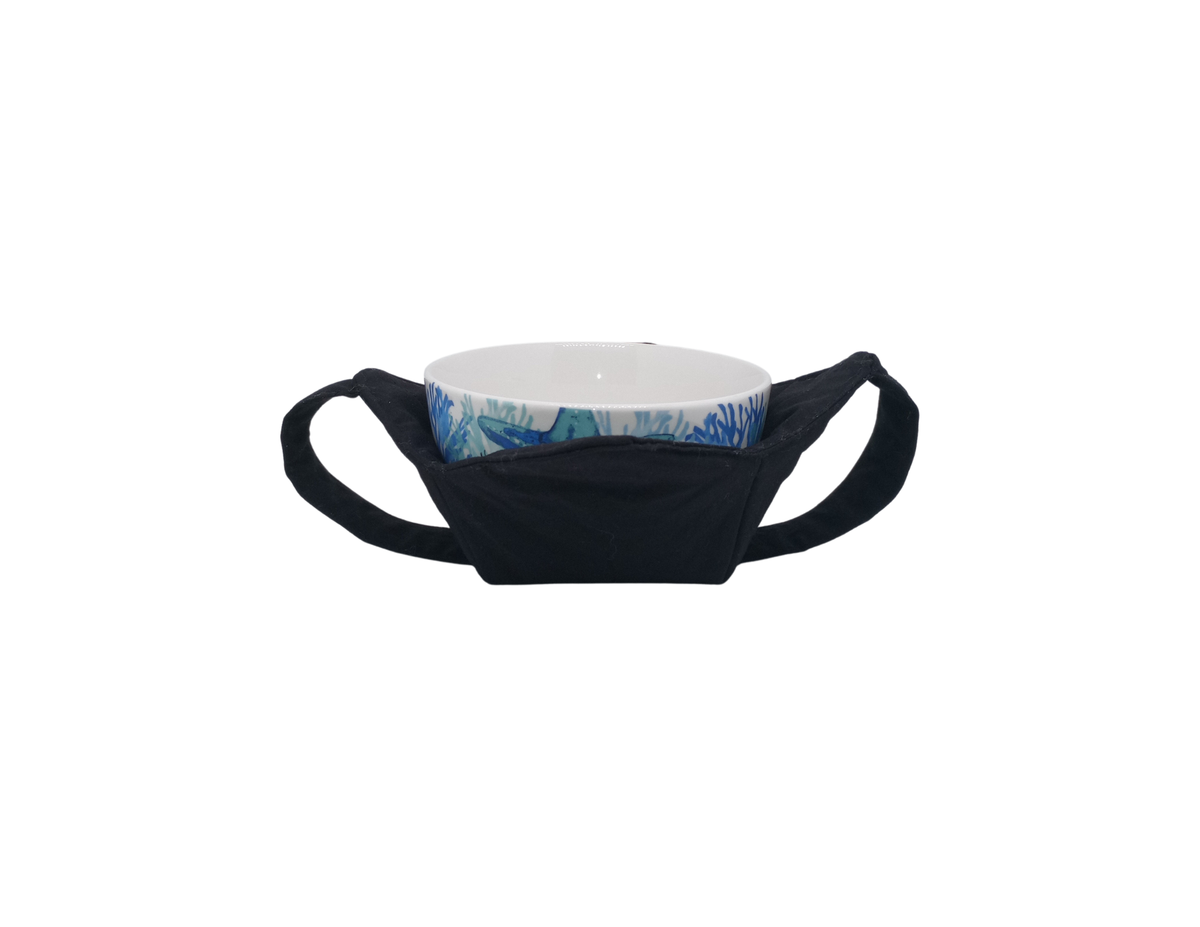 Black microwavable cozy with a blue and white bowl sitting inside it and black straps on the outside