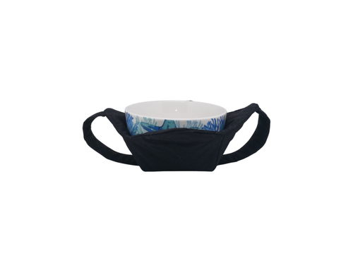 Black microwavable cozy with a blue and white bowl sitting inside it and black straps on the outside