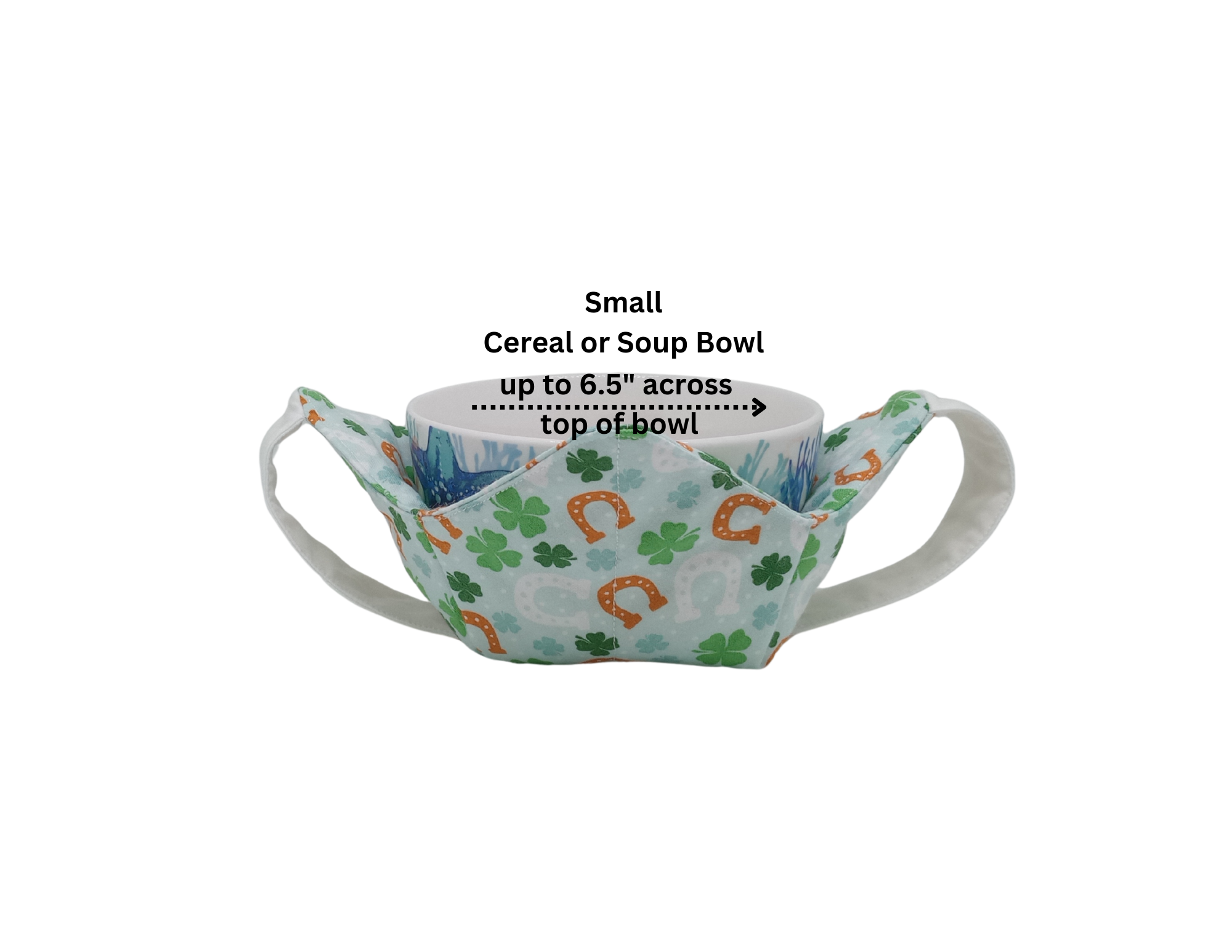 Green Clovers and Horseshoes Bowl Cozy with Hand Support, Microwavable Hot Pad