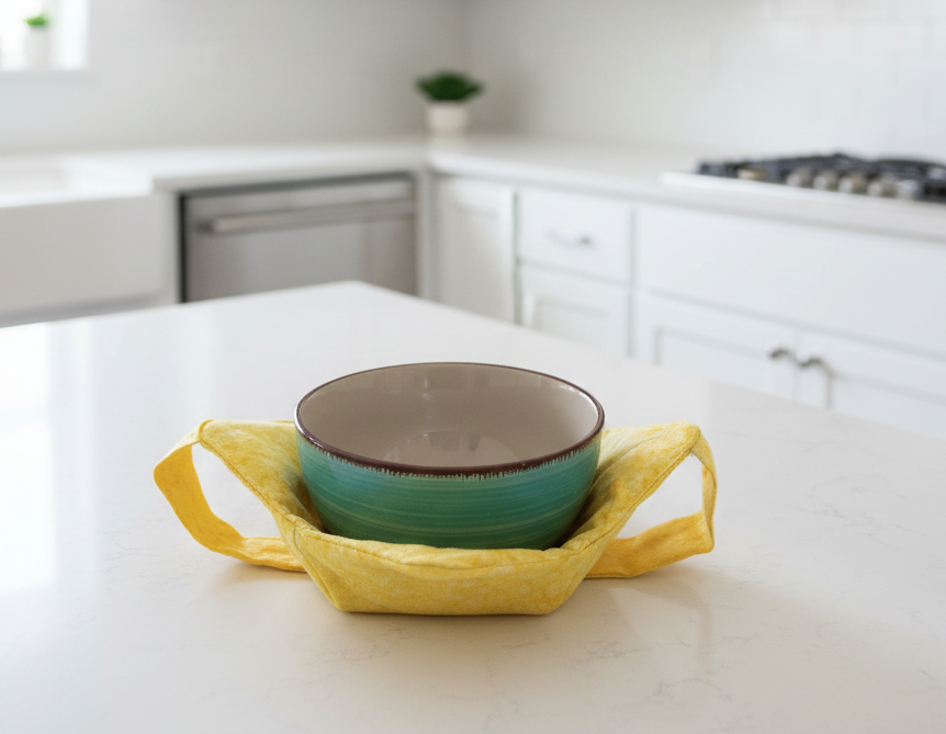 Bright yellow fabric bowl holder with a strap for hand support