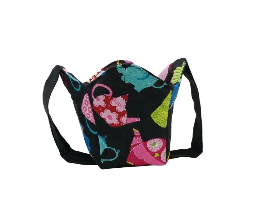 Colorful Teapots on black fabric, pint cozy with black strap