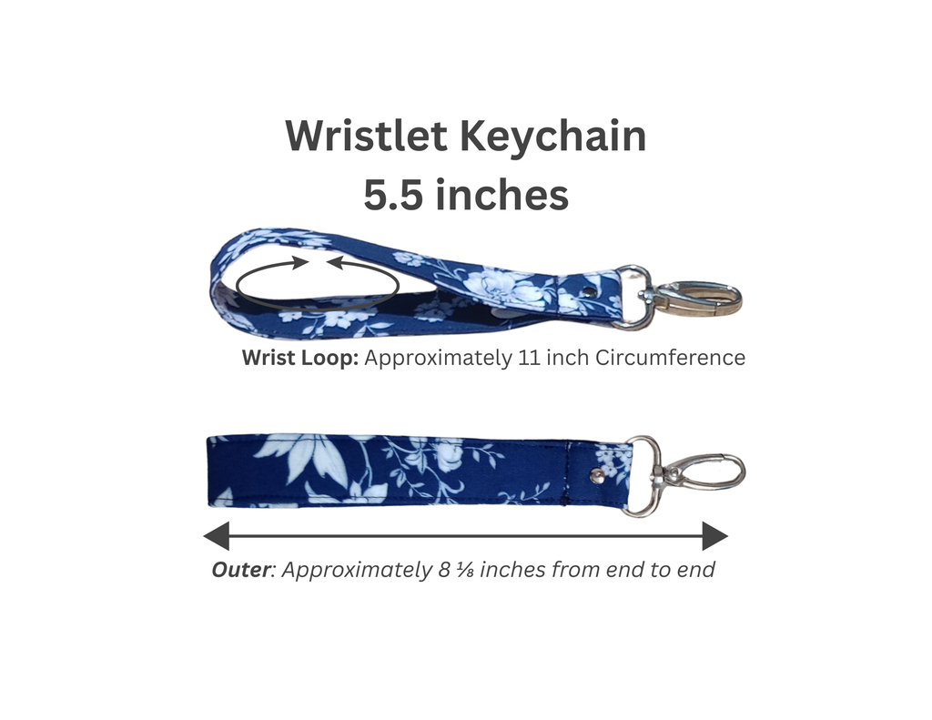 Wristlet keychain shown on a white background with text indicating dimensions: 5.5 inches long, a wrist loop circumference of approximately 11 inches, and an outer length of approximately 8 3/4 inches.