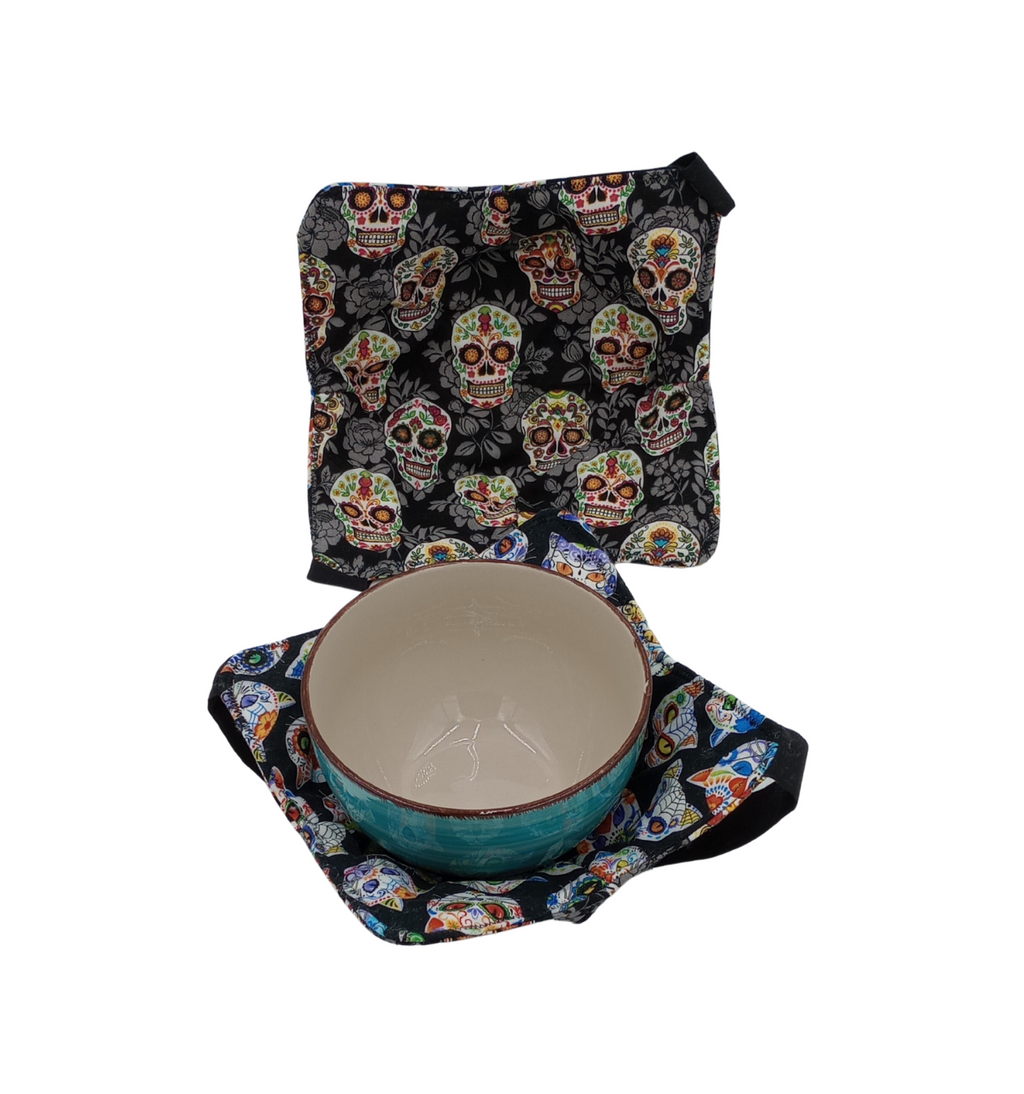 Sugar Skulls Bowl Cozy with Hand Support, Microwavable Hot Pad