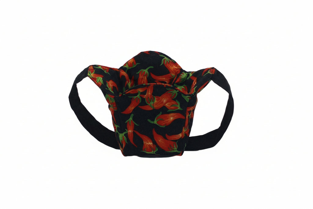 ice cream cozy with chili peppers on black fabric with black handles