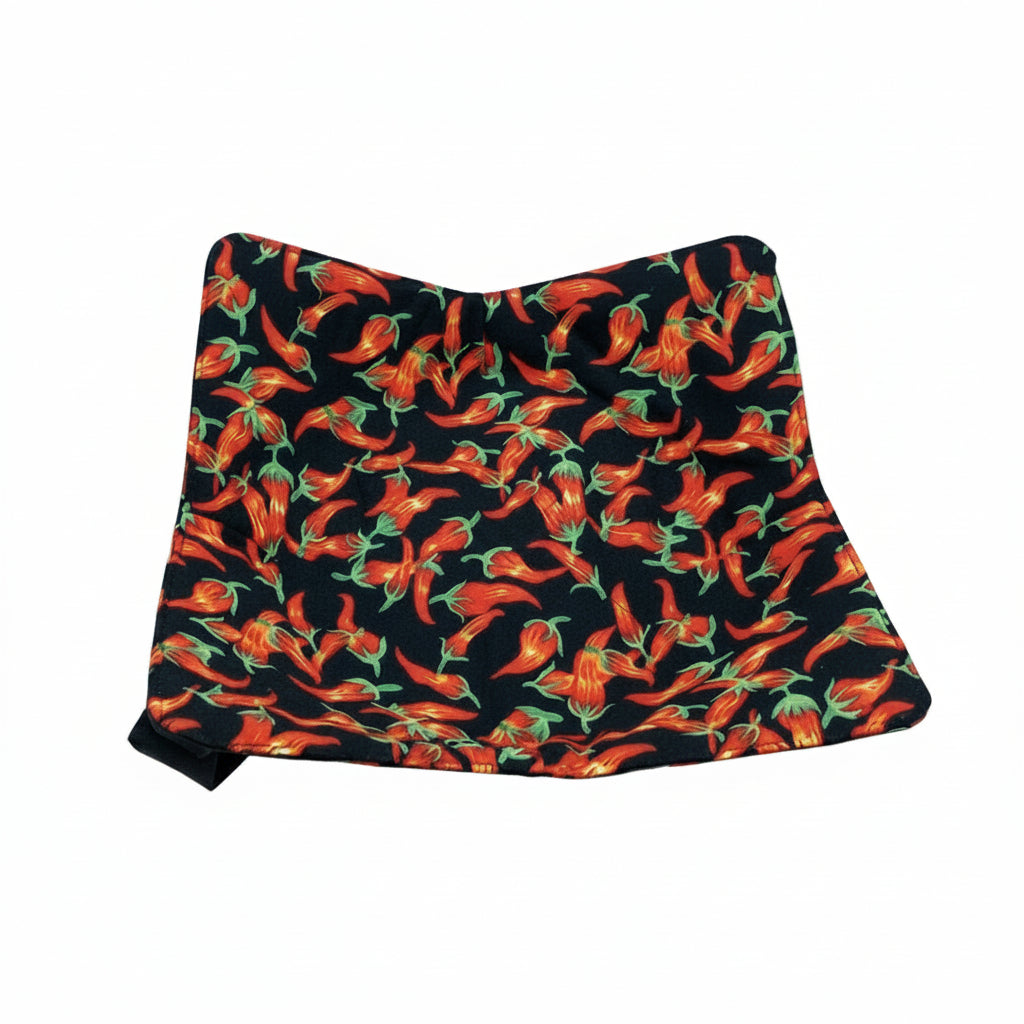 Black fabric with chili pepper design hot pad for plates