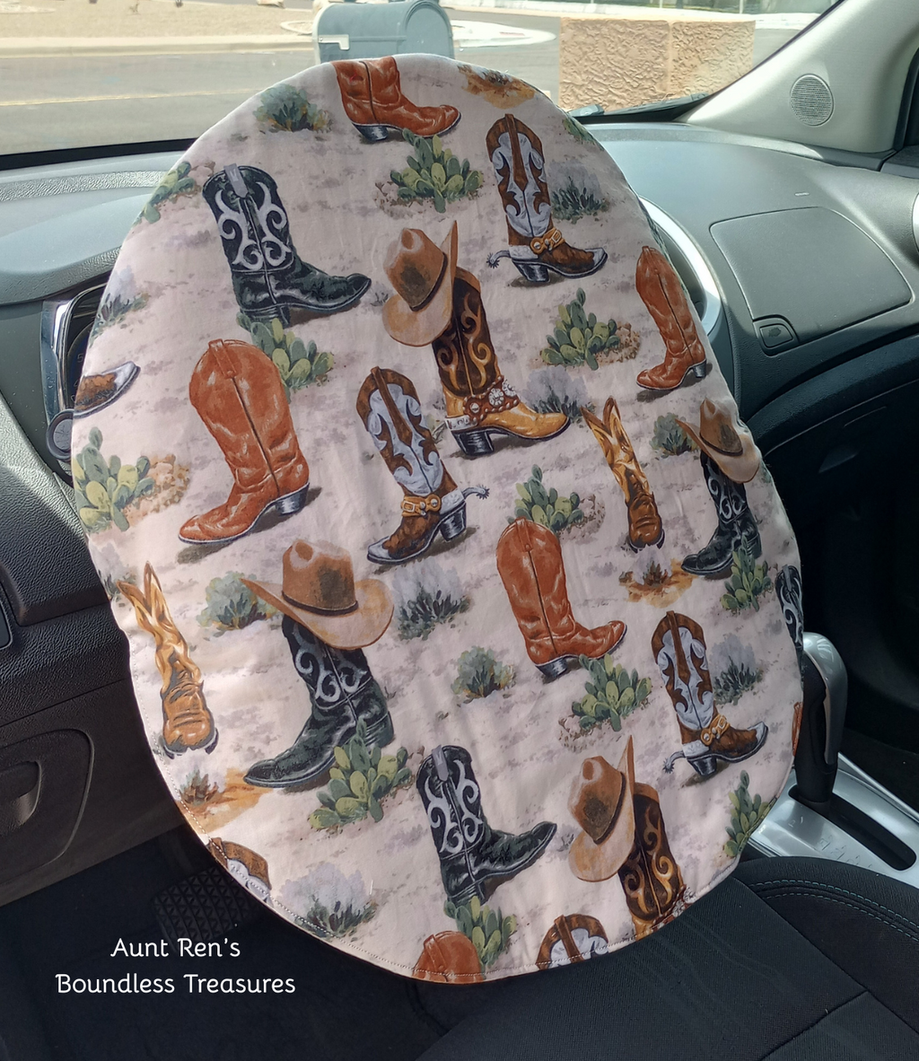 Steering Wheel Cover with western print of boots, hats and cactus