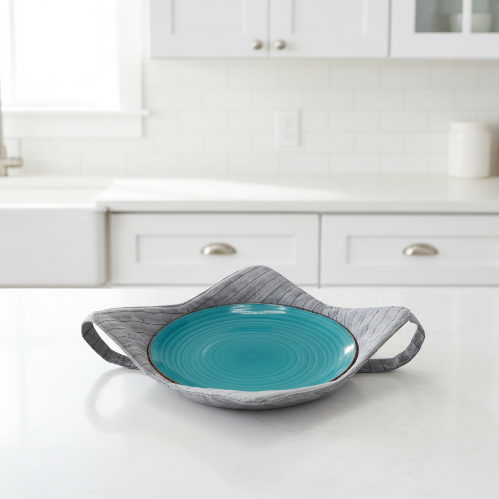 Grey striped fabric hot pad holding a plate