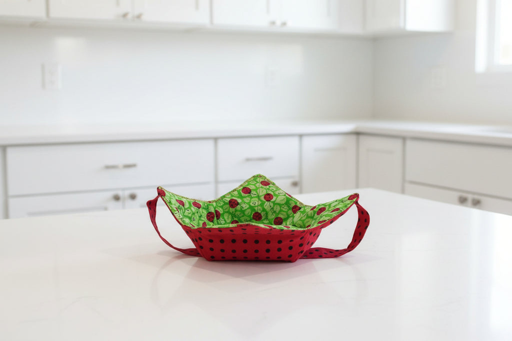 bowl cozy ladybugs on green fabric with red fabric and black polka dots 