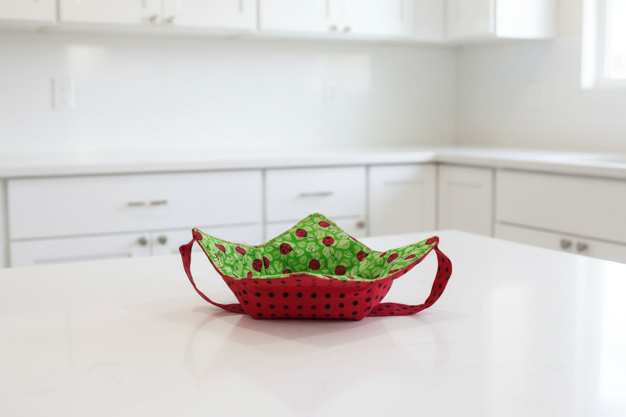 bowl cozy ladybugs on green fabric with red fabric and black polka dots 