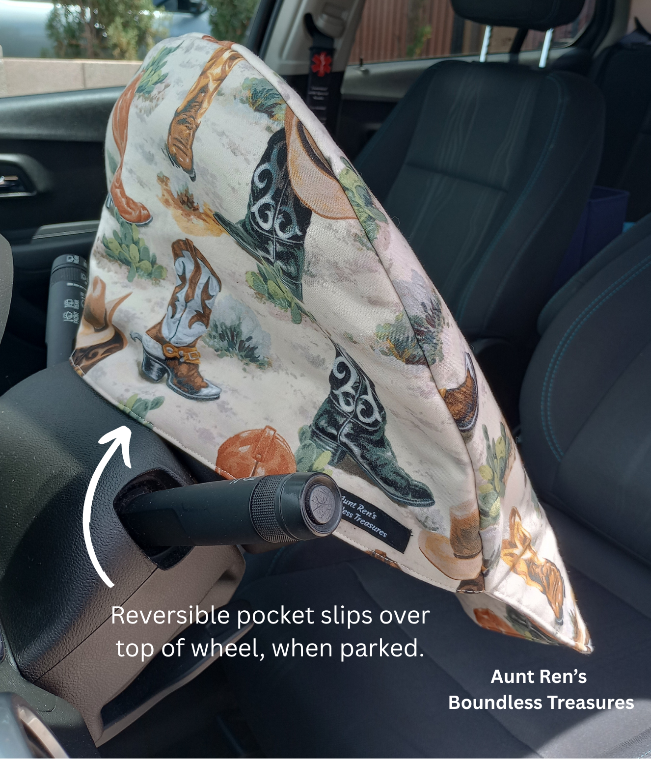 Back View of a Western Themed Steering Wheel Cover 