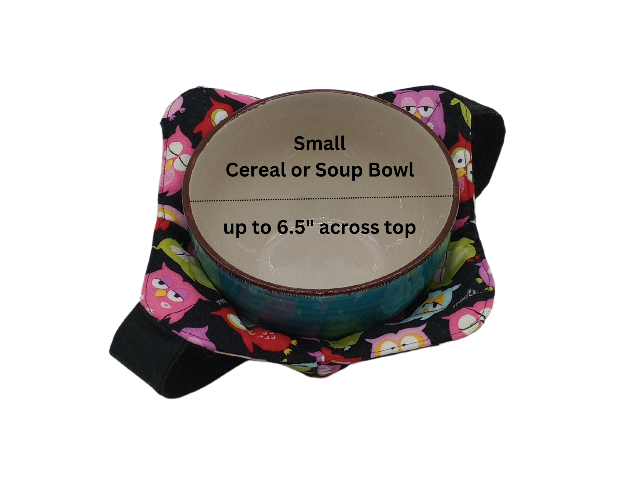 Colorful Owls fabric bowl cozy holding a small turquoise soup bowl.