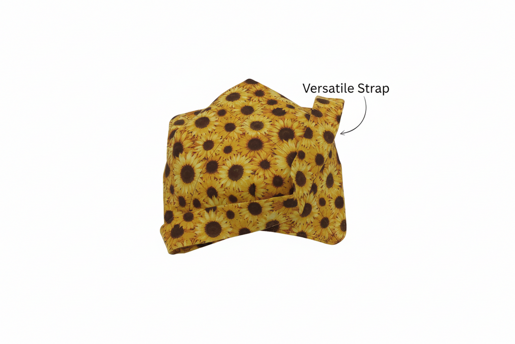yellow and brown sunflower fabric bowl shaped hot pad with matching versatile strap