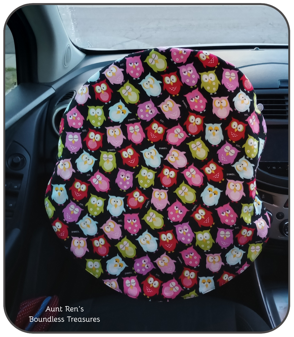 Multi-Color Owls on black fabric, covers steering wheel, reducing heat exposure'